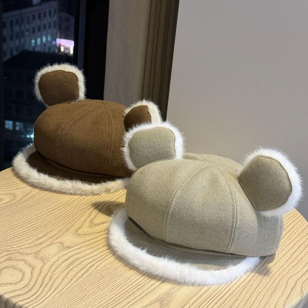 New autumn and winter cute cat-ear brown newsboy cap for women, versatile and face-slimming, trendy beret