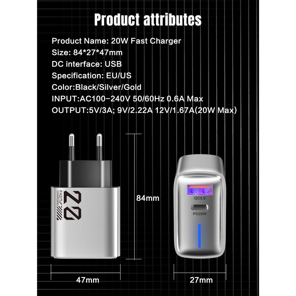 PD 20W Fast Charger USB Type C Charger Quick Charge 3.0 Power Adapter for Phone Wall Charger EU/US Plug