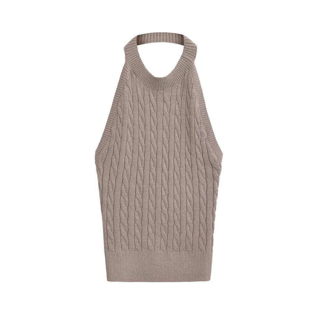 Spicy Retro Cable Knit Halter Backless Tank - Women's Autumn/Winter Slim Fit Sleeveless Top