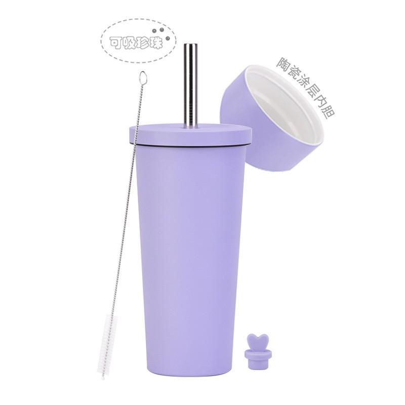 710ml Vacuum Insulated Stainless Steel Tumbler With Ceramic Coating Inner Straw Lid Hot Cold Drinks
