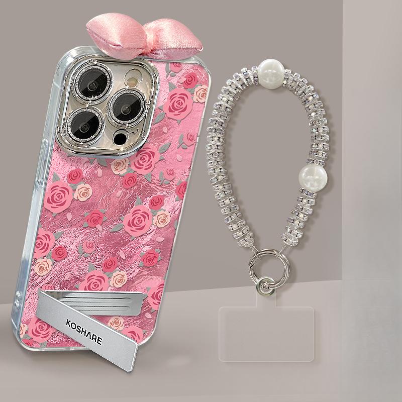 Full Screen Rose Bow Bracket Suitable for Apple 16 Mobile Phone Case 15/14PRO Tin Foil Glacier Pattern 13 Lens Film