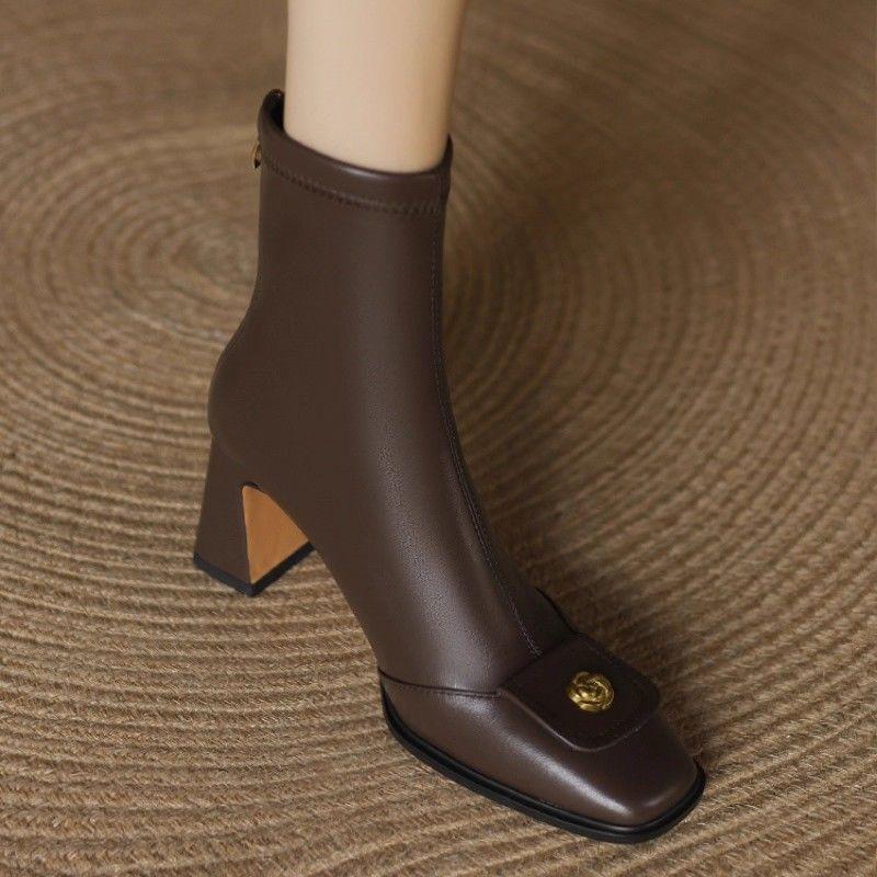 

Chelsea Martin Boots Women s Autumn 2025 New Coarse Heel Camellia Boots Elastic Skinny Boots Square Head High Heel Short Boots 42