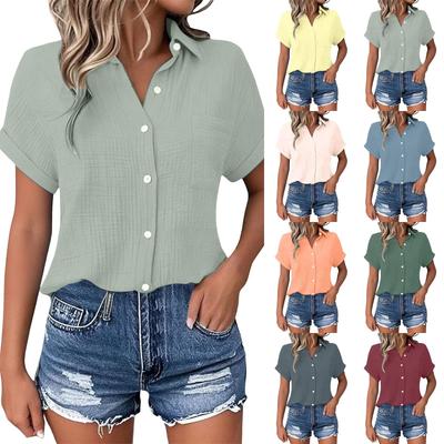 Womens Summer Fashion Color Lapel Casual Button Pocket Short Sleeved Shirt Top