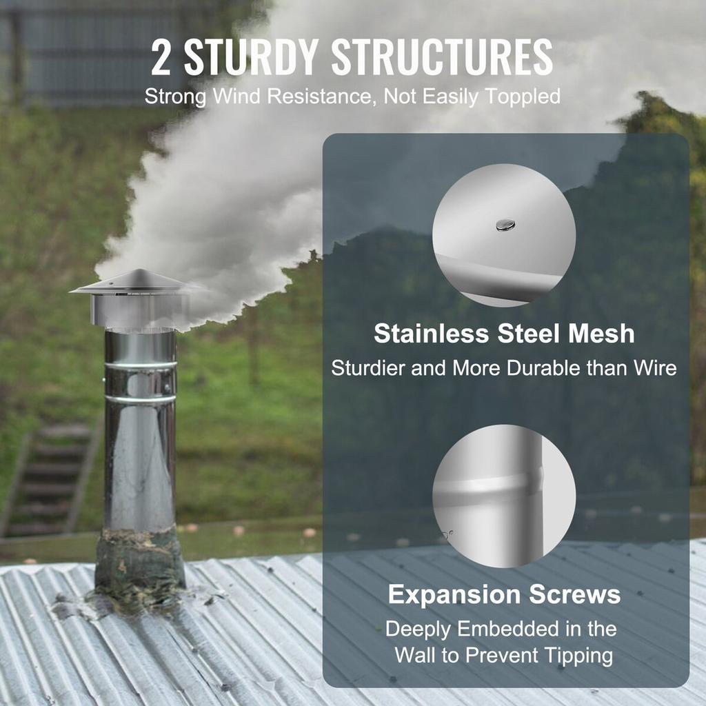 Chimney Cap, 152.4 Mm, 304 Stainless Steel Round Roof Rain Cap, 300mm Increased Caps, All Weather & Reinforced Screws & Easy Installation, for Perfect