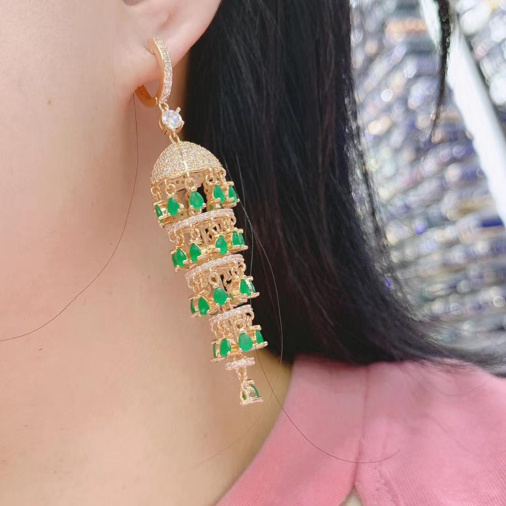 Exaggerated Luxury Full ZIRCON Long Waterdrop Chain Tassel Lantern Earrings 925 Silver Needle Wind Bohemia Ethnic Jewelry