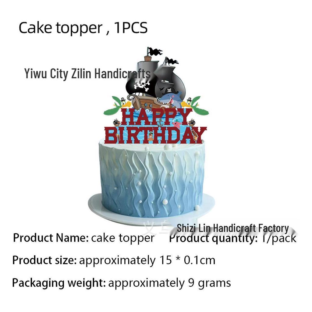 Pirate Ship Birthday Party Tableware Set with Tablecloth, Banner, and Flags.