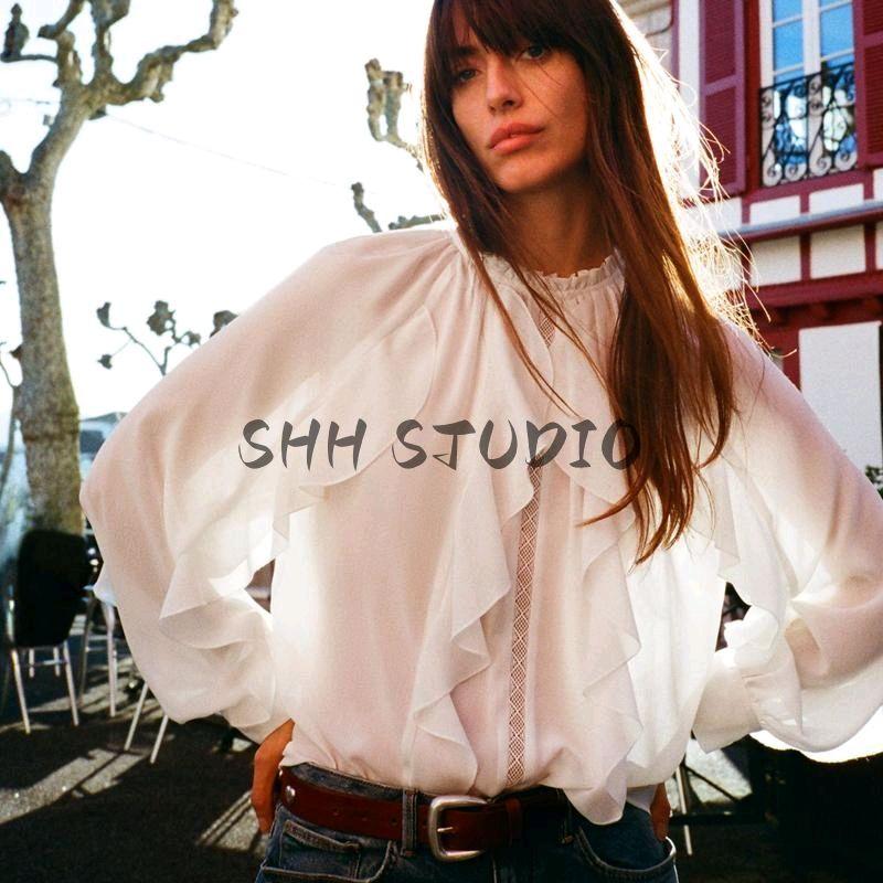 Spring New Women's Clothing Romantic Style Crew Neck Casual Loose Trim Laminated Decoration Blouse 2122925