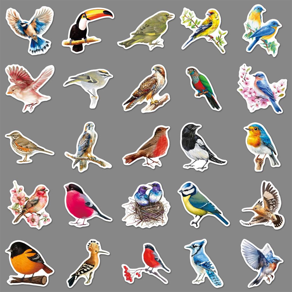 50pcs Cute Bird and Animal Stickers - Waterproof for Storage Boxes, Stationery, Phone Cases, and Cups