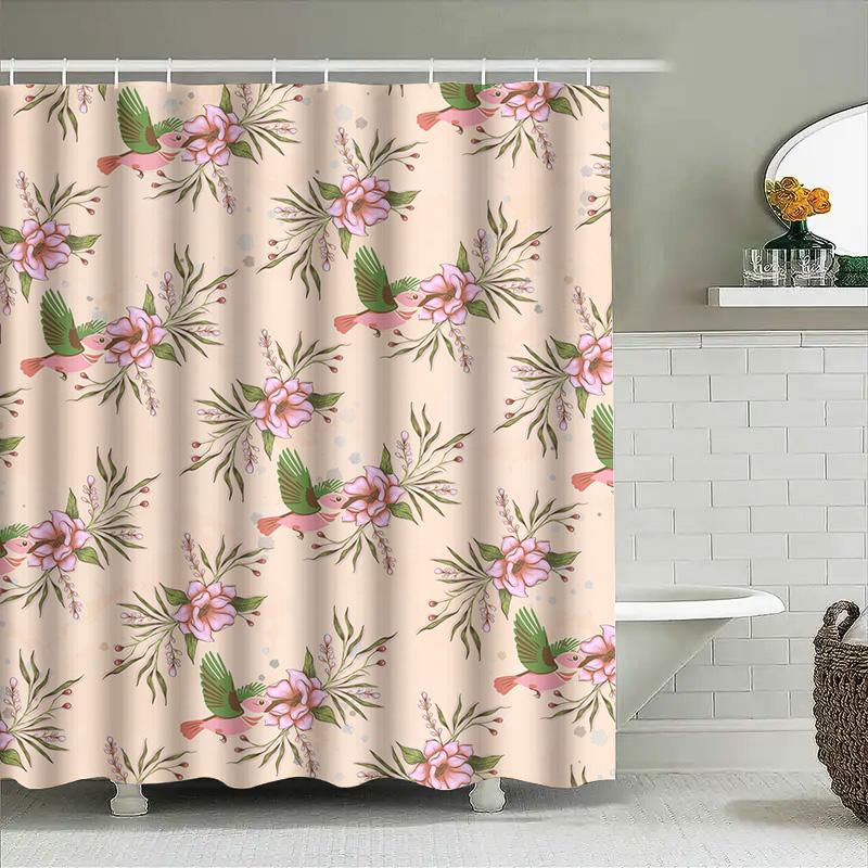 Handmade Bird Flower Printed Shower Curtain Waterproof Fabric Bathroom Decorative Hanging Rug Mat Home Decoration 180X200Cm In C