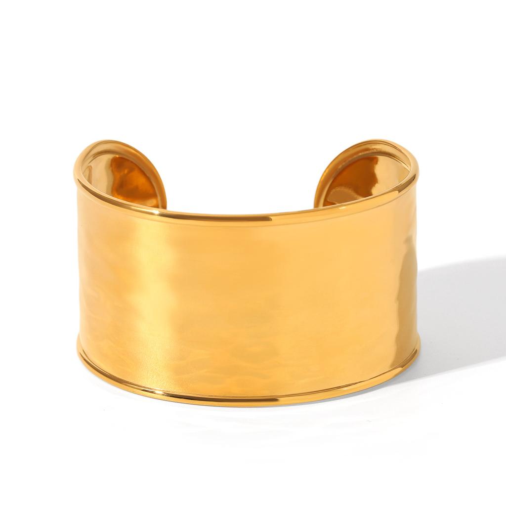INS Western Style Exaggerated Hand Jewelry 18K Gold Plated Hammered Pattern Stainless Steel Open Bangle