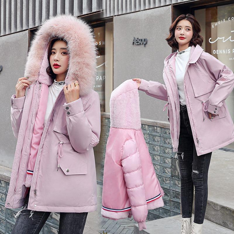 Pie overcome women's winter new plush removable liner cotton-padded clothes women's letter embroidered large fur collar cotton-padded clothes