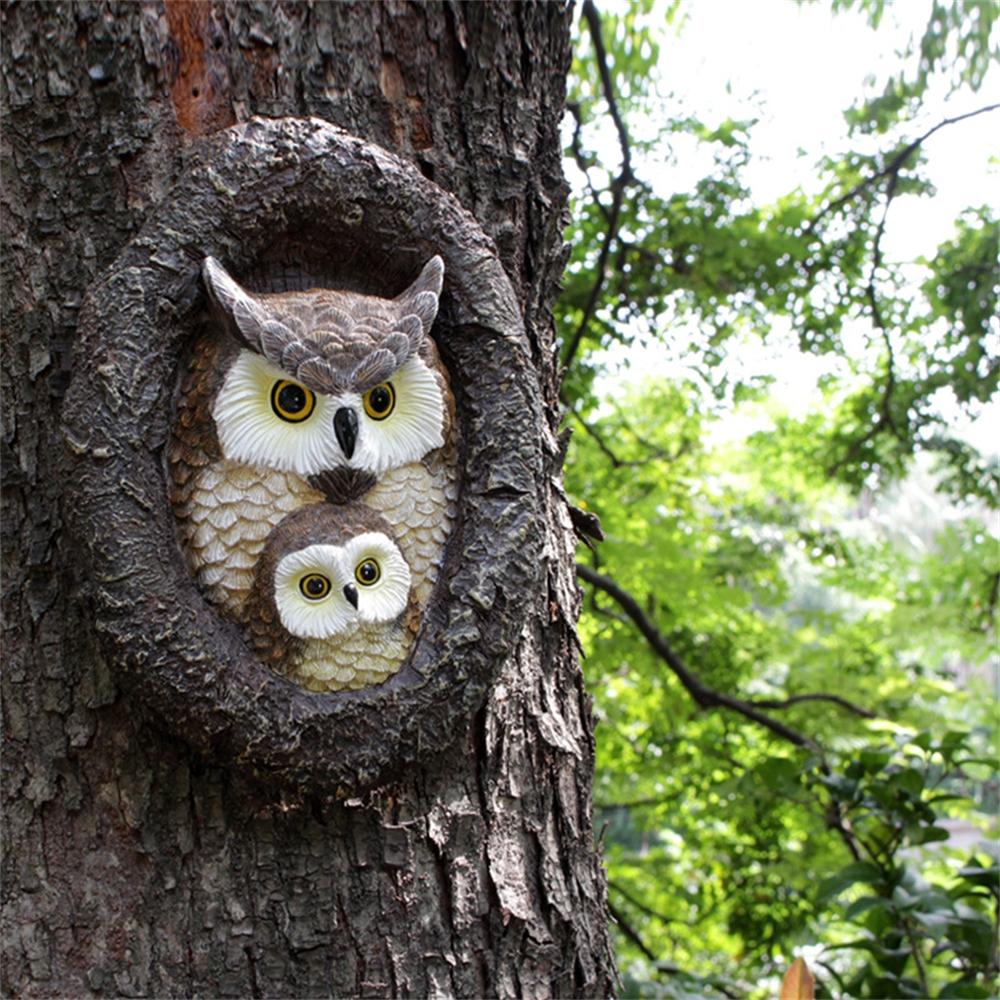 Owl Figurines Simulated Tree Hanging Resin Feeding Bird Statue Outdoor Garden Animal Ornaments