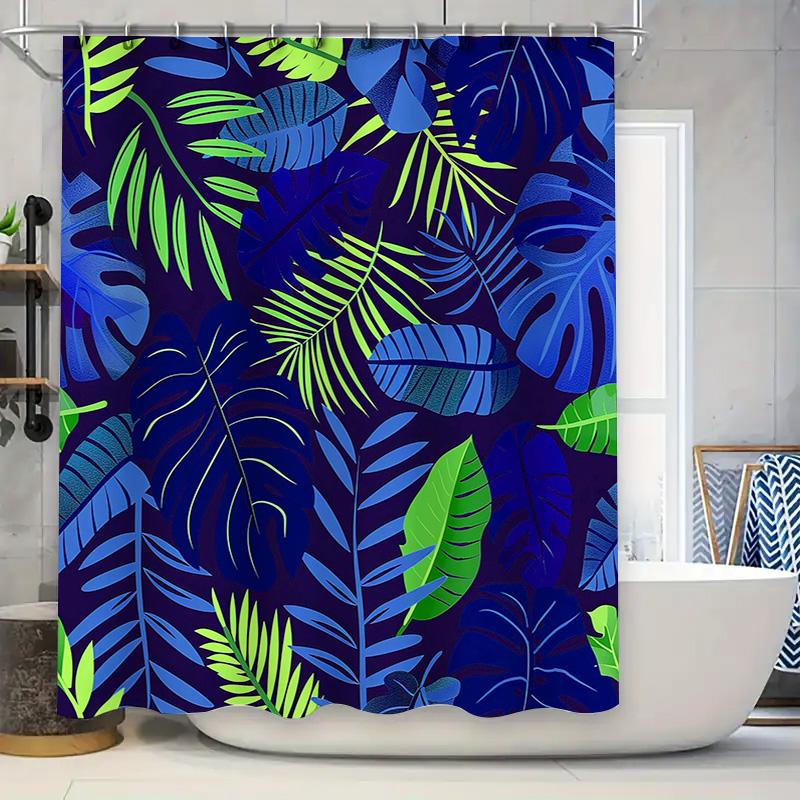 

Tropical Leaves Shower Curtain Fabric Waterproof Bath Decor With Black Blue Green Colors 72X84 Inches (180Cm X 213Cm) W60H190(CM)-1 Pcs