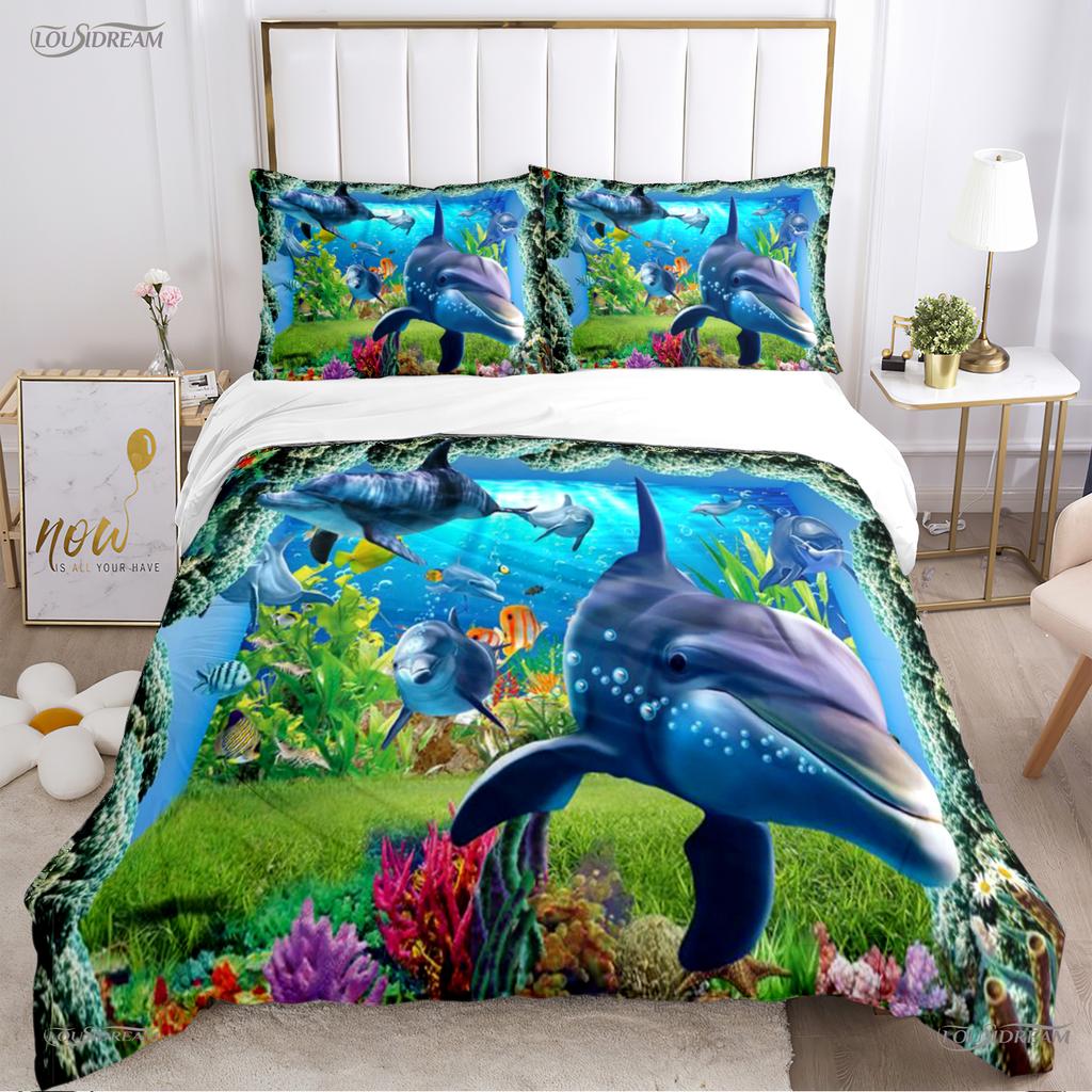 Comforter 3D Ocean World Dolphin Whale Fish Comforter Beding Set Soft And For Single/Double/Queen/King