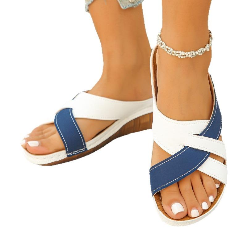 Color-Blocked Wedge Sandals for Women - Plus Size 2025 Summer New Arrival Thick-Soled Cross-Strap Beach Sandals