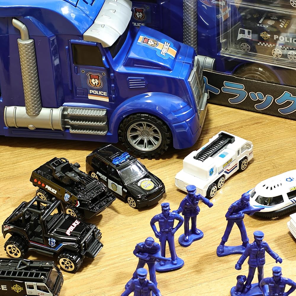 Carecoly Police Vehicle Set Truck Patrol Car Miniature Cars Large Storage Case Die-Cast Toy Vehicles