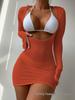 European & American Style Women's Long Sleeve Hollow-out Swimsuit Cover-up In High Elastic Nylon Cornflower