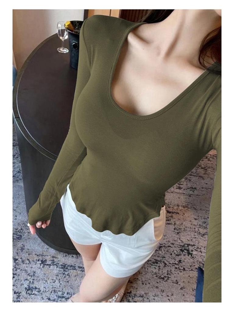 Korean Dongdaemun Sexy Low-Cut Bust-Enhancing Long-Sleeve Top