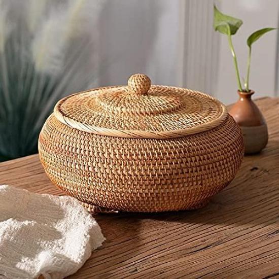 Round Rattan Boxes with Lid Hand-Woven Multi-Purpose Wicker Tray 11 Inch Picnic Food Bread Table Storage Basket (28x13cm)