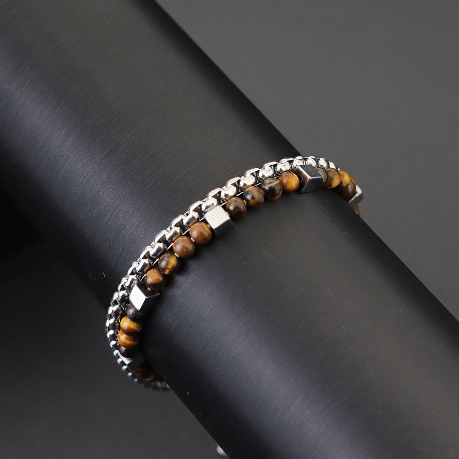 Fashion 2Pcs/Set Cuban Chain Bracelet With Stainless Steel 4mm Tiger Eyes Malachite Stone Strand Braslet Hiphop Rock Accessories