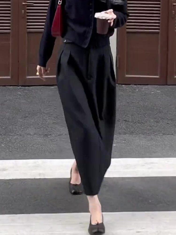 Women's Black Tulip High-Waist Skirt - Slimming, Plus Size, 2025 Autumn/Winter Fashion