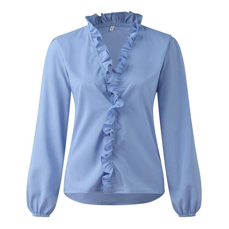 Comfortable Elegant Ruffle Blouse Long Sleeve Solid Color Womens Fashion Shirt