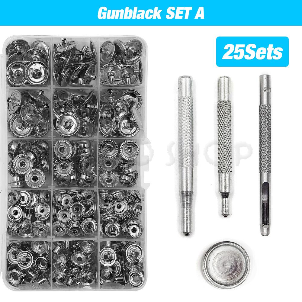 25Sets Metal Snaps Button Snap Fasteners Press Studs With 4 Installation Tools Kit For Clothes Garment Bags Shoes Leathercraft