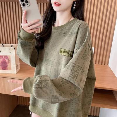Sweat-shirt à col rond entièrement imprimé en pur coton pour femme Automne Hiver Nouveau Top ample mi-long décontracté Veste brodée