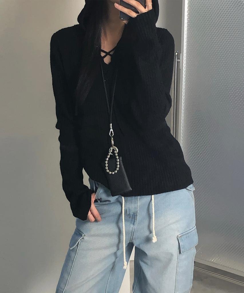 CHICKS Ribbed Slim Fit Hoodie Knit Black