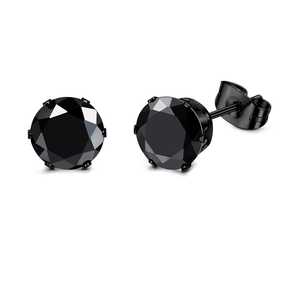 1 Pairs Black Earrings for Men Women Stainless Steel Black Stud Earrings Round CZ Stud Earrings Set 8MM