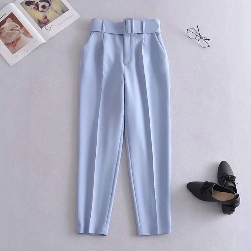 European Style Women's Slim-Fit High-Waisted Yellow Cropped Pants with Waist Belt - Model A8GS317