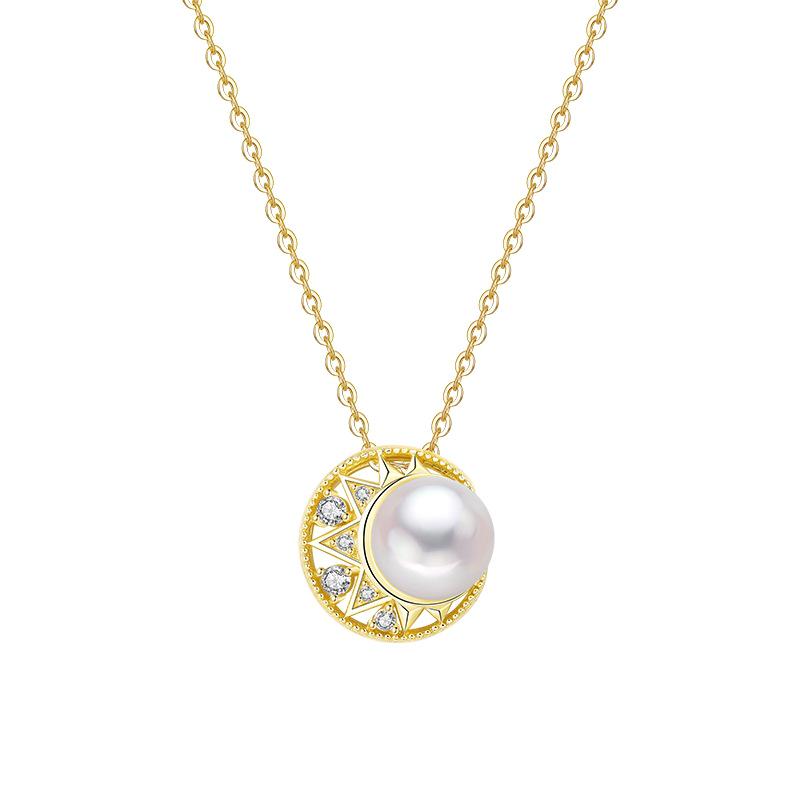 Elegant Freshwater Pearl & Zircon Necklace with S925 Sterling Silver Full Moon Pendant S925 Silver