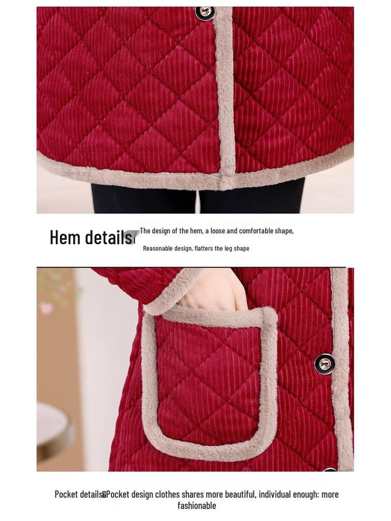 Warm Fleece-Lined Cotton Jacket for Middle-Aged & Elderly Women - Mid-Length, Loose Fit, Ideal for Autumn & Winter