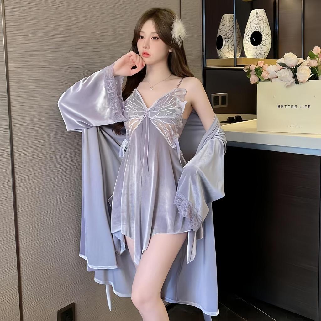 Starry Gold Velvet Women's Two-Piece Nightdress with Chest Pads and Butterfly Design