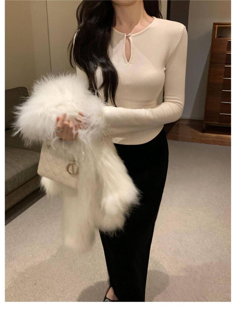 Women's Korean Style White Fluffy Long Sleeve Base Layer Top for Autumn/Winter - Slim Fit, Stylish, and Suitable as Outerwear