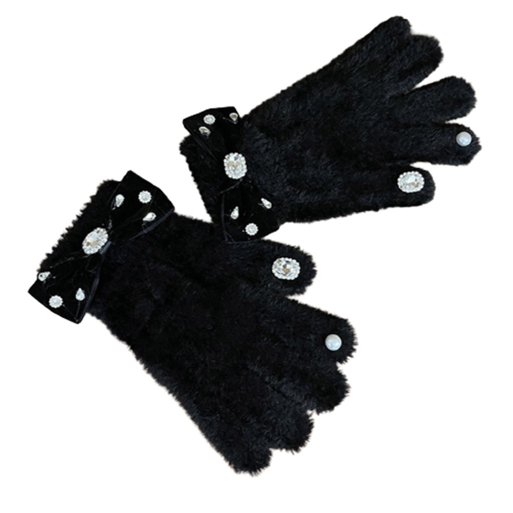 Rhinestone&Bowknot Decor Knitted Gloves Winter Full Finger Mitten Thicken Warm Christmas Black/ White Gloves for Girls