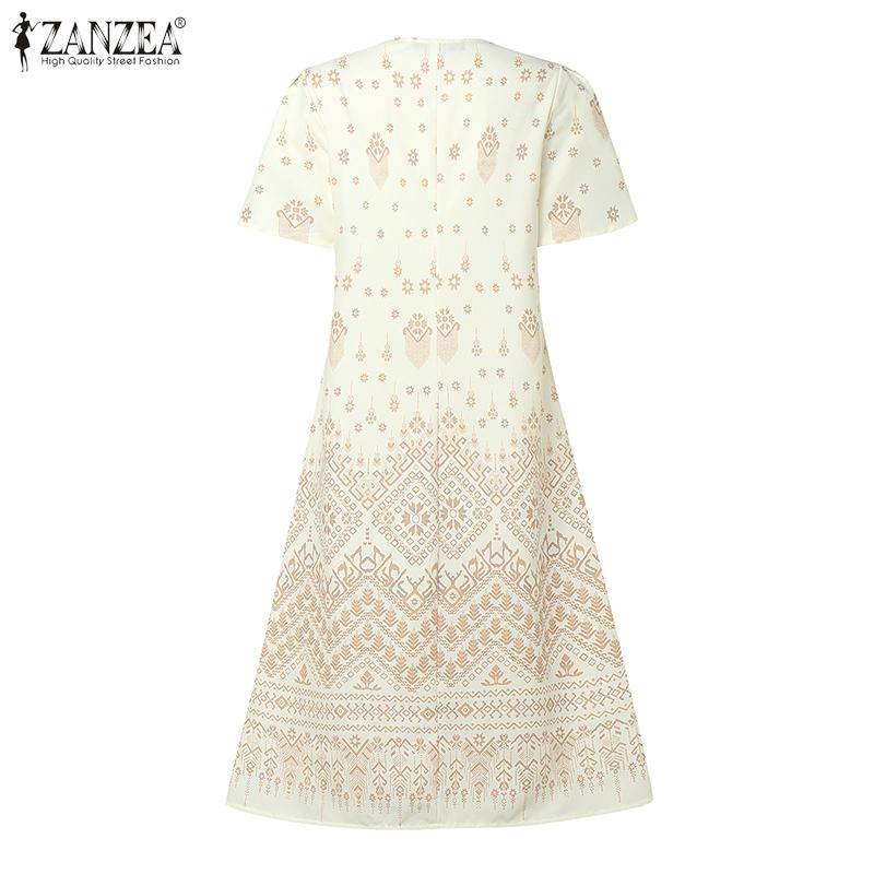 ZANZEA Vestido informal de verano con cuello redondo y manga corta estampado para mujer