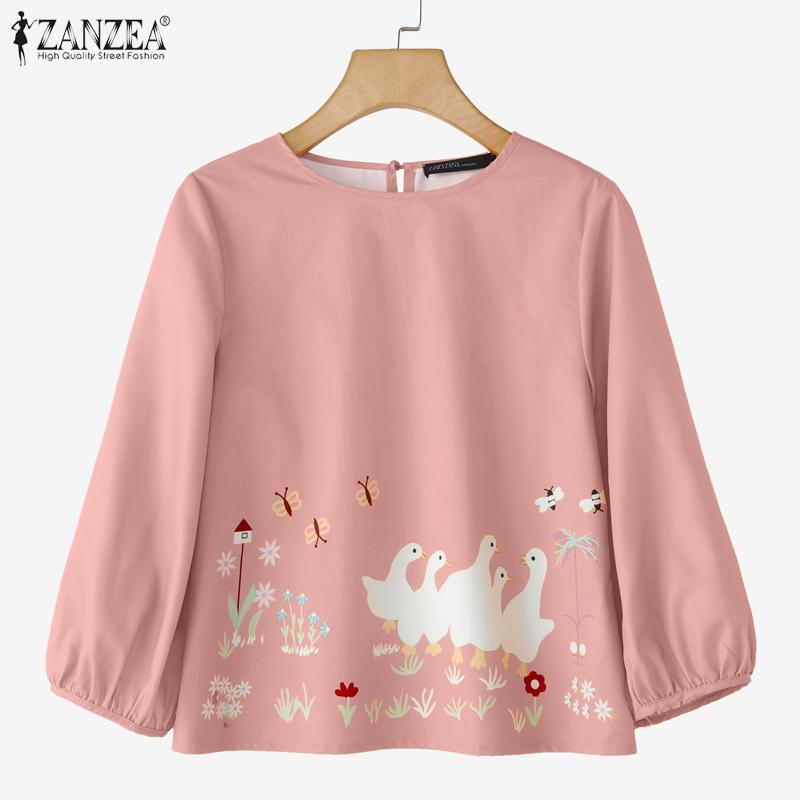 ZANZEA Women Casual Round Neck Loose 3/4 Sleeve Print Blouse