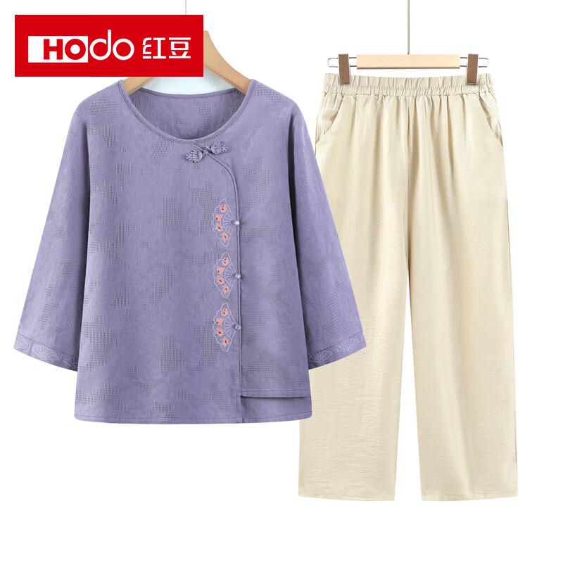 Elderly Women's Summer Cotton Linen Mid-Sleeve T-Shirt & Top Set