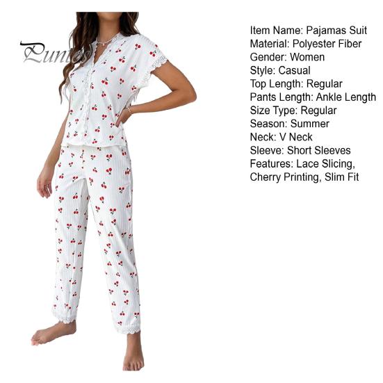 2 Pcs/Set Pajamas Suit Lace Splicing V Neck Short Sleeve Top Cherry Printing Homewear Outfit Casual Top Pants Sleepwear Set