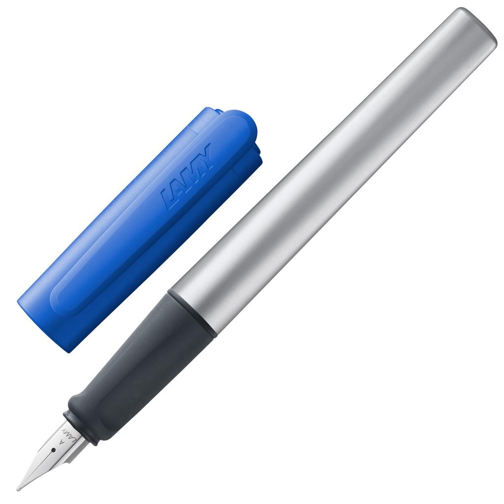 LAMY nexx Blue Fountain Pen Grip and Polished Steel Size A Triangular Aluminum Body Includes LAMY T10 Blue Ink Cartridge - Non-Slip Nib, - - -