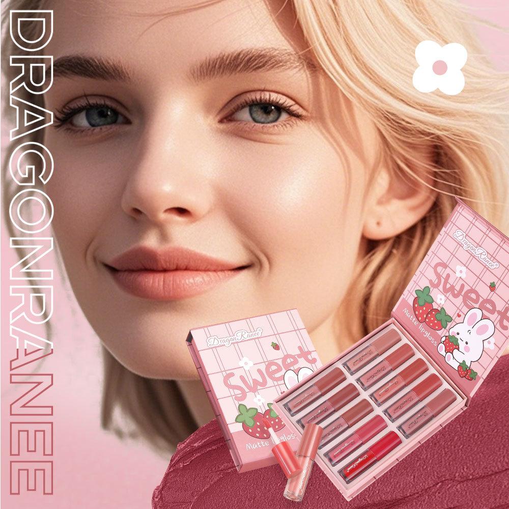 10-piece Lip Gloss Cartoon Set, Not Easy To Stick To Cups, Velvet Matte Lip Gloss Liquid Waterproof Lipstick Matte Cute Set Box