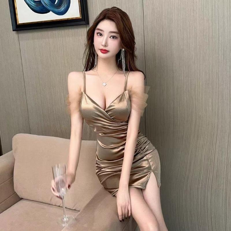 New French Style Elegant Mesh Satin Thin Strap Sexy Dress Ruched Slim Fit Hip Hugging Style V Neck High Slit Party Birthday Cocktail Nightclub Dress