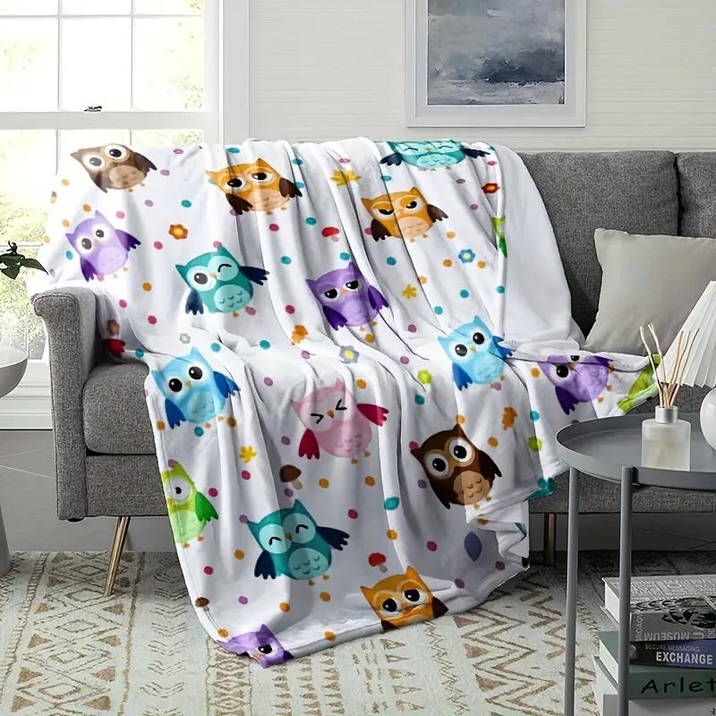 Colorful Cartoon Owl Theme Flannel Blanket - Suitable for Sofa, Travel, Bed, Camping, Office, Decoration, Multipurpose Christmas