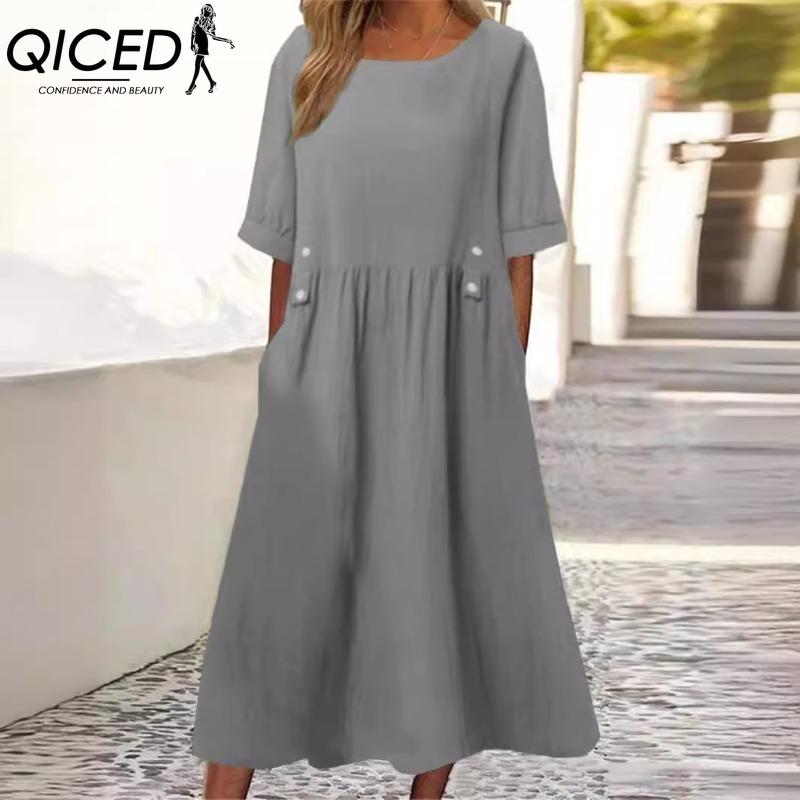 QICED Women's Loose Fit Midi Dress Double Pockets Button Decoration Round Neck Short Sleeve Summer Boho Workwear Dress