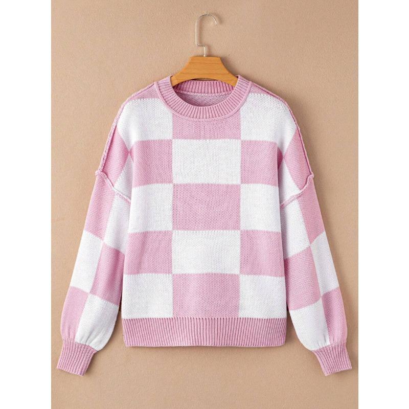 Koszula z długim rękawem w kratę, sweter z okrągłym dekoltem