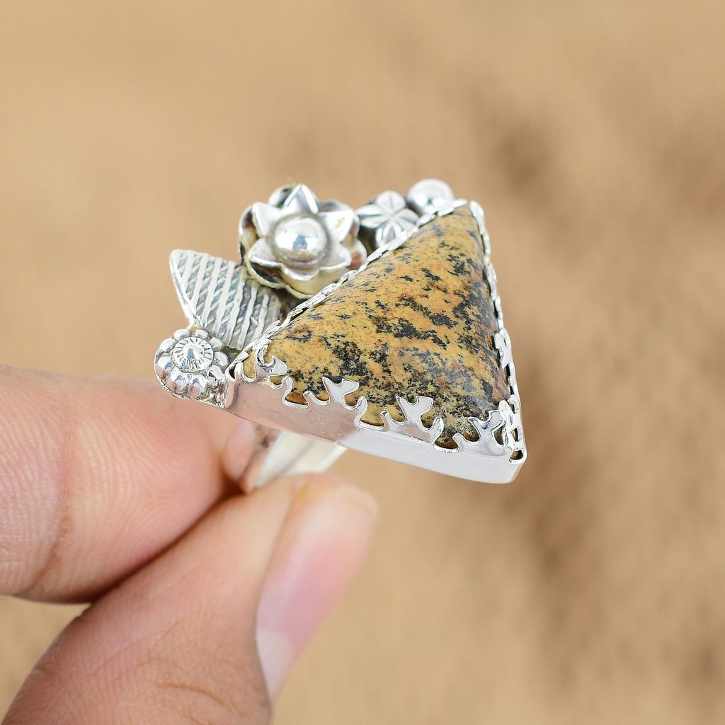 Gift For Her 925 Silver Natural Picture Jasper Promise Flower Adjustable Ring