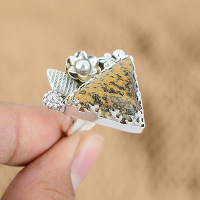 Gift For Her 925 Silver Natural Picture Jasper Promise Flower Adjustable Ring