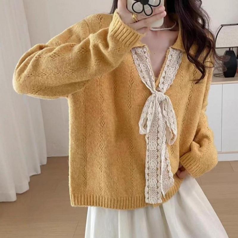 Women Korean Style Lace Bow Tie Collar Long Sleeve Knit Sweater
