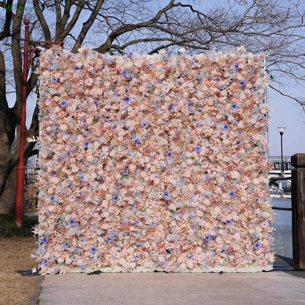 Uflower Pink Flower Wall Roll-Up Hanging Fabric Backdrop Artificial Floral Curtain for Wedding Event Party Decorations